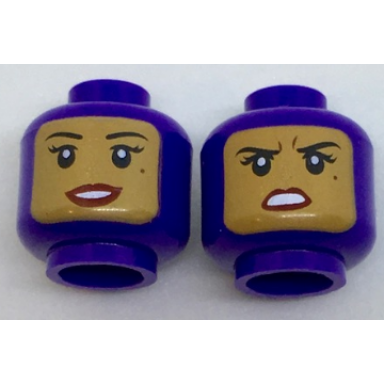 dark purple minifigure head dual sided female balaclava with medium nougat face black eyebrows eyelashes beauty mark dark red lips open mouth smile with teeth concerned pattern