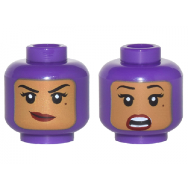 dark purple minifigure head dual sided female balaclava with medium nougat face black eyebrows eyelashes beauty mark dark red lips smirk surprised open mouth with teeth parted pattern