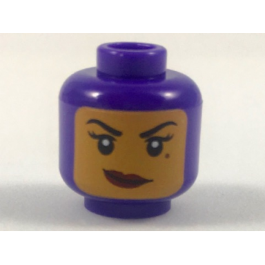 dark purple minifigure head female balaclava with medium nougat face black eyebrows eyelashes beauty mark dark red lips smirk pattern