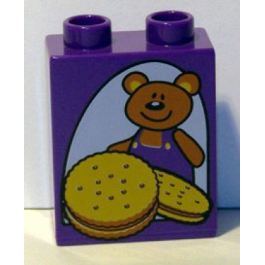dark purple duplo brick 1 x 2 x 2 with teddy bear and cookies biscuits pattern