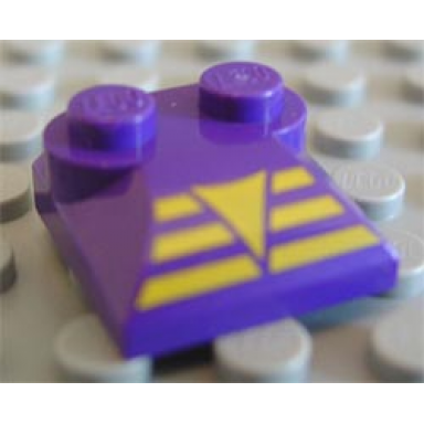 dark purple slope curved 2 x 2 x 2 3 with 2 studs and curved sides with yellow triangle on 3 bars pattern