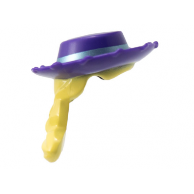 dark purple minifigure hair combo hat with hair bright light yellow long braid with hole for pin on back wide cowboy hat with metallic light blue ribbon pattern