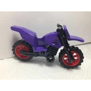 dark purple motorcycle dirt bike with black chassis long fairing mounts and red wheels