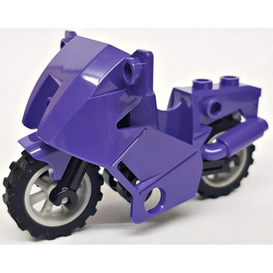dark purple motorcycle city with black chassis long fairing mounts and light bluish gray wheels