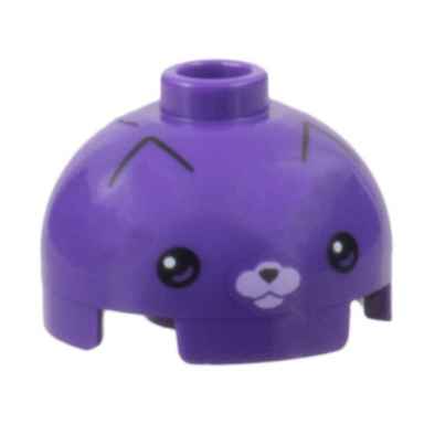 dark purple brick round 2 x 2 dome top with cat face black eyes nose and pointed ear outlines lavender muzzle pattern