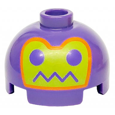 dark purple brick round 2 x 2 dome top with robot face with eyes and zigzag line mouth on lime background with orange border pattern
