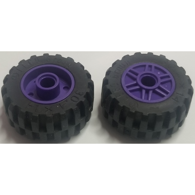 dark purple wheel 18mm d x 14mm with pin hole fake bolts and shallow spokes with black tire 30.4 x 14 offset tread - band around center of tread 55981 92402