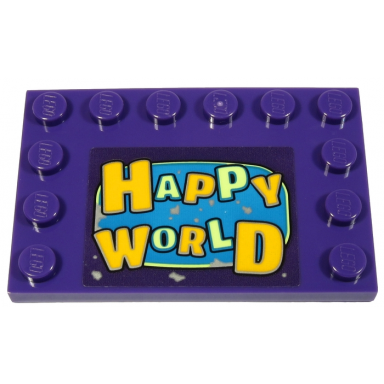 dark purple tile modified 4 x 6 with studs on edges with bright light orange and yellowish green happy world pattern sticker - set 70432