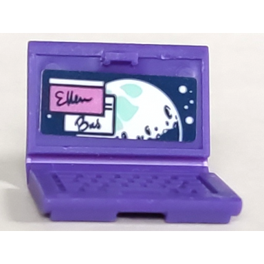 dark purple minifigure utensil computer laptop with screen with script ellen and bas white and light aqua moon and stars pattern sticker - set 41395