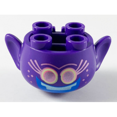 dark purple minifigure head modified trolls with metallic pink thin unibrow long eyelashes eyes and freckles blue open mouth smile with metallic light blue top teeth pattern