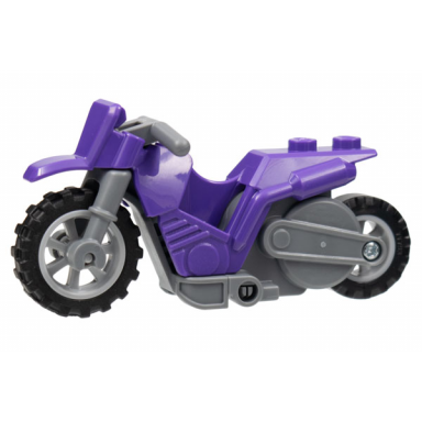 dark purple stuntz flywheel motorcycle dirt bike with dark bluish gray frame light bluish gray wheels and dark bluish gray handlebars