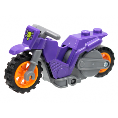 dark purple stuntz flywheel motorcycle dirt bike with dark bluish gray frame orange wheels and dark bluish gray handlebars with lime skull and silver crossbones pattern
