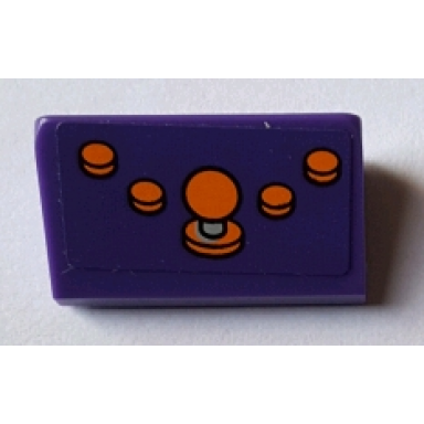 dark purple slope 30 1 x 2 x 2 3 with 4 orange buttons and joystick pattern sticker - set 71016