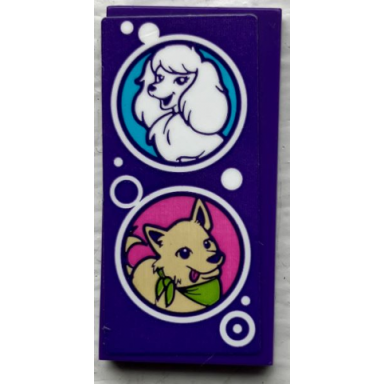 dark purple tile 2 x 4 with 2 dogs in white circles with dots pattern sticker - set 41691