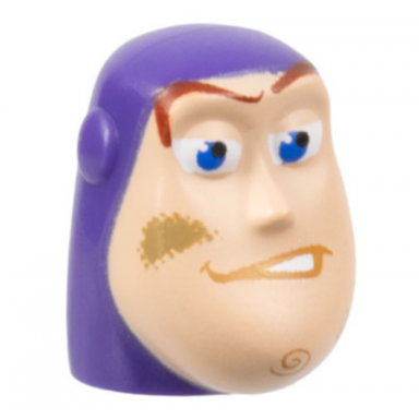 dark purple minifigure head modified buzz lightyear with dirt stains pattern