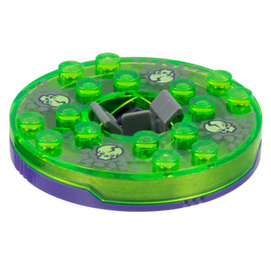 dark purple turntable 6 x 6 x 1 1 3 round base with trans-bright green top and glow in dark skulls on dark bluish gray pattern ninjago spinner