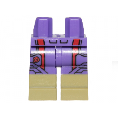 dark purple hips and legs with molded olive green lower legs boots and printed shorts with red stripes and avengers logo pattern