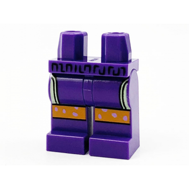 dark purple hips and legs with yellowish green pockets and orange knees with lavender spots pattern