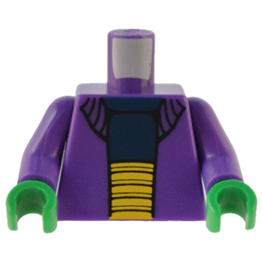 dark purple torso sw sweater over dark blue shirt and large yellow belt pattern dark purple arms green hands