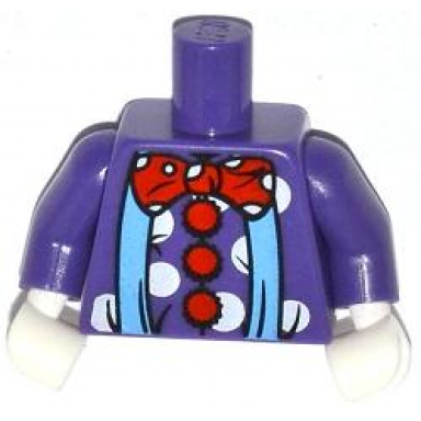 dark purple torso blue suspenders and red polka dot bow tie and buttons pattern clown dark purple arms white hands
