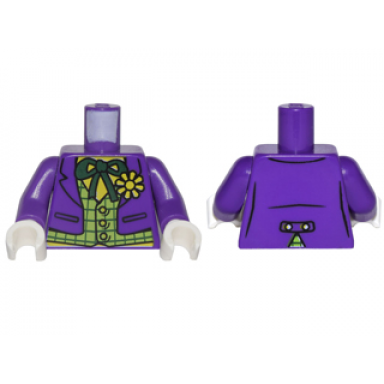 dark purple torso batman suit with lime vest dark green bow tie and yellow flower pattern joker dark purple arms white hands