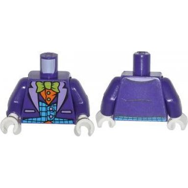dark purple torso batman suit with medium azure vest orange shirt and lime bow tie pattern dark purple arms white hands