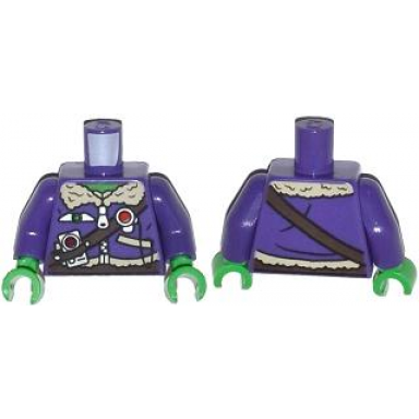 dark purple torso aviator jacket with silver badge radio and brown belts pattern dark purple arms bright green hands
