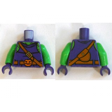 dark purple torso bright green chest shoulder strap belt with pumpkin buckle pouch on back pattern green goblin bright green arms dark purple hands