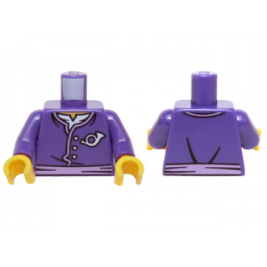dark purple torso ninjago jacket with three white buttons medium lavender belt white undershirt and mail horn pattern dark purple arms yellow hands