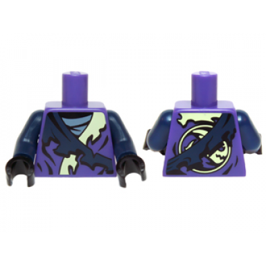 dark purple torso ninjago tattered robe with yellowish green collar dark blue strap and gray undershirt pattern dark blue arms black hands