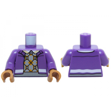 dark purple torso jacket over light bluish gray and orange argyle sweater vest pattern dark purple arms medium nougat hands