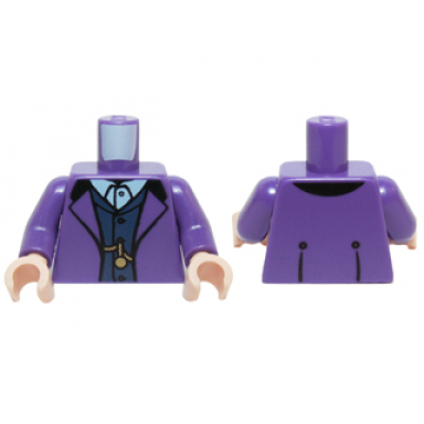 dark purple torso suit jacket over dark blue vest and white button down shirt with gold chain watch pattern dark purple arms light nougat hands