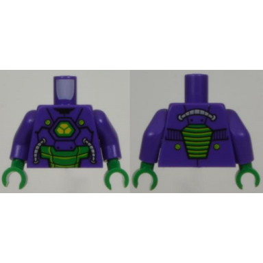 dark purple torso armor with lex luthor warsuit with yellow and green hexagon logo and green armor plates pattern dark purple arms green hands