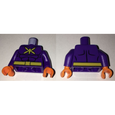 dark purple torso batman muscles outline with yellow killer moth logo and belt pattern dark purple arms orange hands