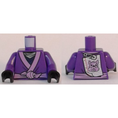 dark purple torso ninjago robe with medium lavender trim and animal drawing pinned to back pattern dark purple arms black hands
