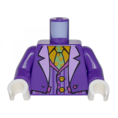 dark purple torso batman suit with lavender lapels striped vest bright light orange shirt and bright green tie pattern joker dark purple arms white hands
