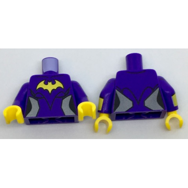 dark purple torso female outline with yellow bat and silver side trim pattern dark purple arms with yellow cuffs pattern yellow hands