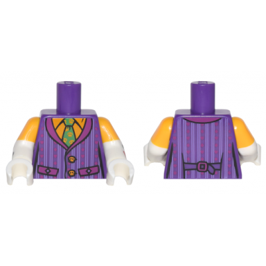 dark purple torso batman striped vest and green tie pattern white arms with bright light orange short sleeves and card suit symbols pattern white hands