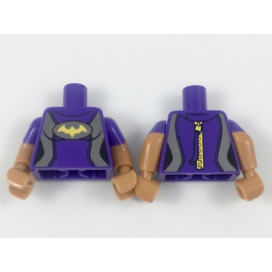 dark purple torso female wetsuit flat silver sides yellow bat pattern medium nougat arms with molded dark purple short sleeves pattern medium nougat hands