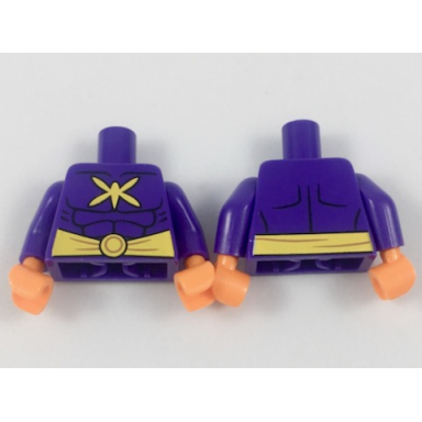 dark purple torso batman muscles outline with yellow killer moth logo and wide belt pattern dark purple arms orange hands