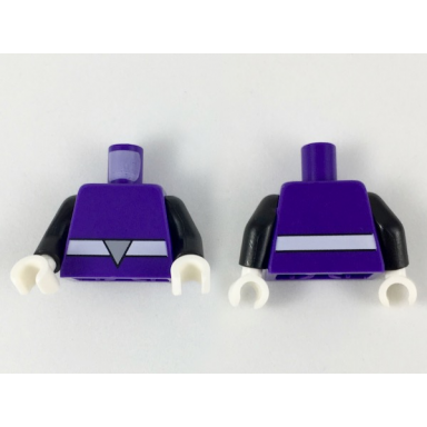 dark purple torso with white belt and light bluish gray triangle buckle pattern black arms white hands