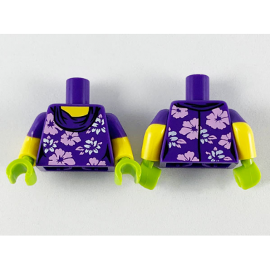 dark purple torso female with white and lavender flowers pattern yellow arms with molded dark purple short sleeves pattern lime hands