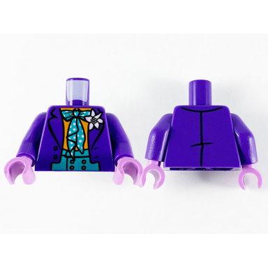 dark purple torso batman suit with flower orange shirt dark turquoise vest and tie with white dots pattern joker dark purple arms medium lavender hands