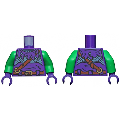 dark purple torso tattered tunic with hood reddish brown belt shoulder strap and tan buckles pattern bright green arms dark purple hands
