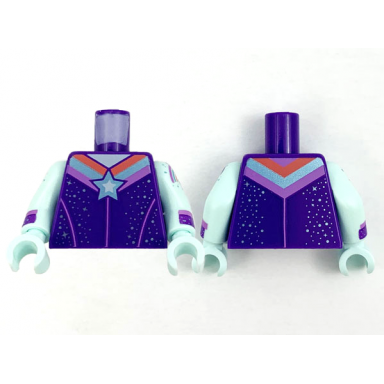 dark purple torso metallic light blue star and sparkles with stripes pattern light aqua arms with metallic light blue sparkles and dark purple cuff pattern light aqua hands