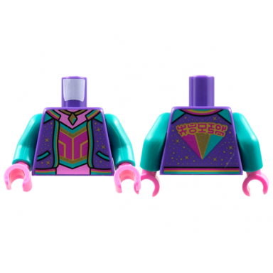 dark purple torso jacket with gold sparkles dark pink neck and midriff gold necklace magenta halter pattern dark turquoise arms dark pink hands