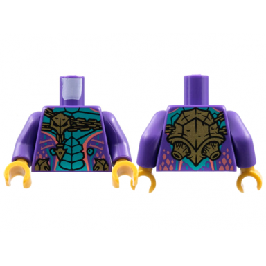 dark purple torso dark turquoise scales gold chain and skull coral stripes pattern dark purple arms pearl gold hands
