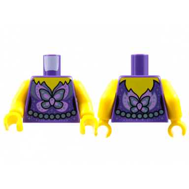 dark purple torso female yellow neck metallic light blue and medium lavender butterfly sparkles pearl belt pattern yellow arms yellow hands