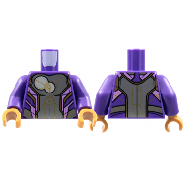 dark purple torso armor dark bluish gray center panel 2 white circles gold and lavender trim pattern dark purple arms medium nougat hands