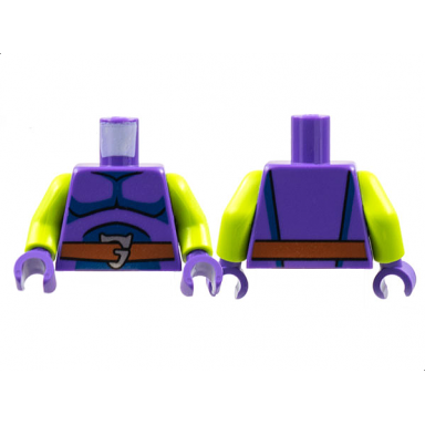 dark purple torso black muscle contours dark blue highlights reddish brown belt with silver letter g buckle pattern lime arms dark purple hands